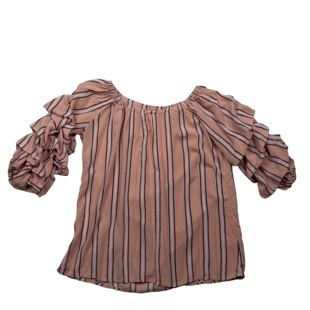 Fyve Pink Striped Ruffle Statement Sleeve Peasant Blouse Top Small